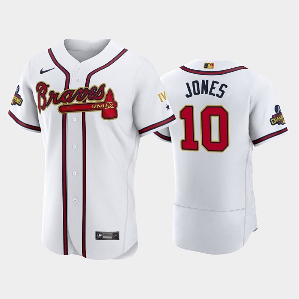 Men's Atlanta Braves #10 Chipper Jones 2022 White/Gold World Series Champions Program Flex Base Stitched Baseball Jersey